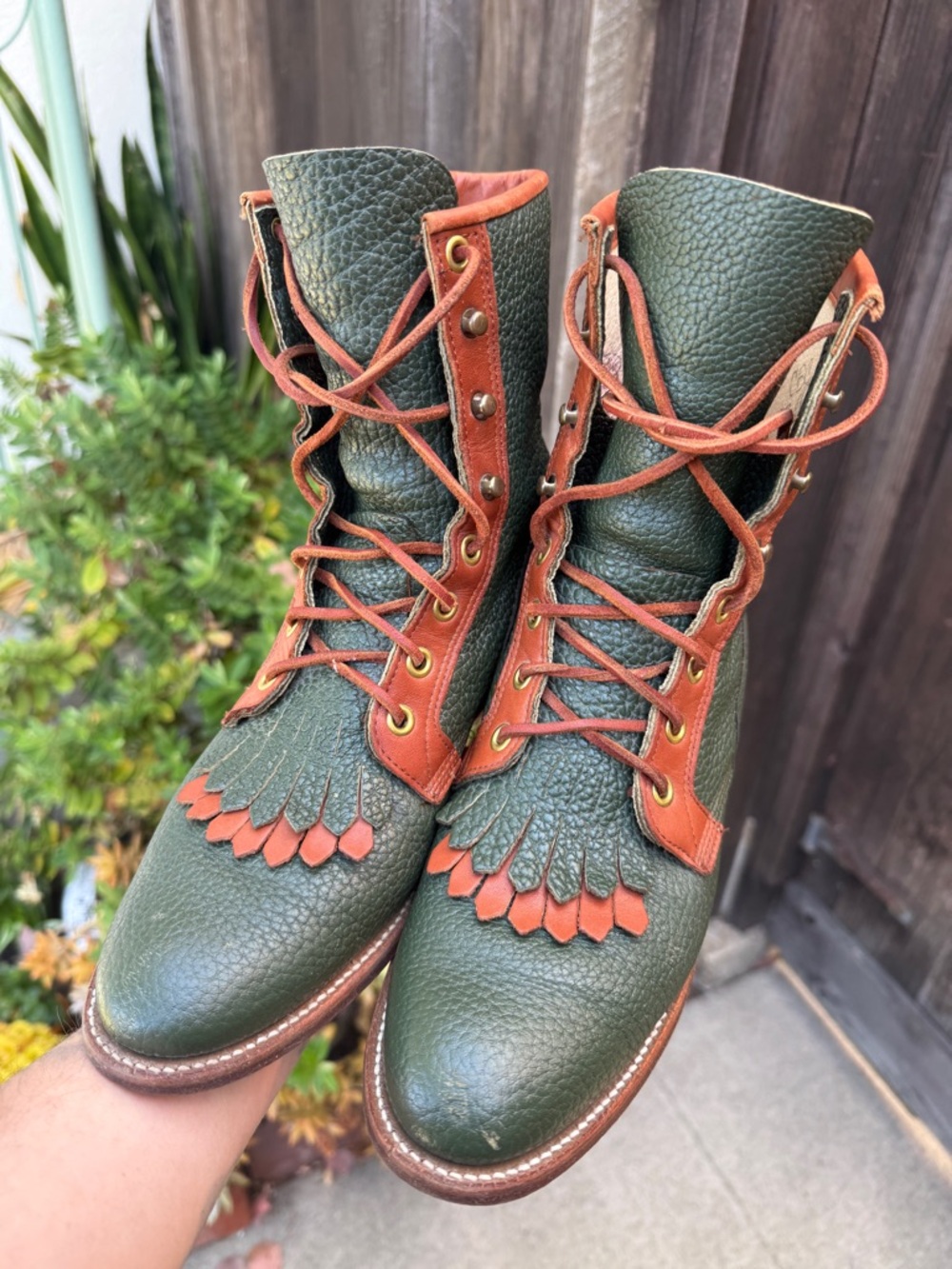 Justin Boots Green and Brown Lace Up kiltie Boots sz7
